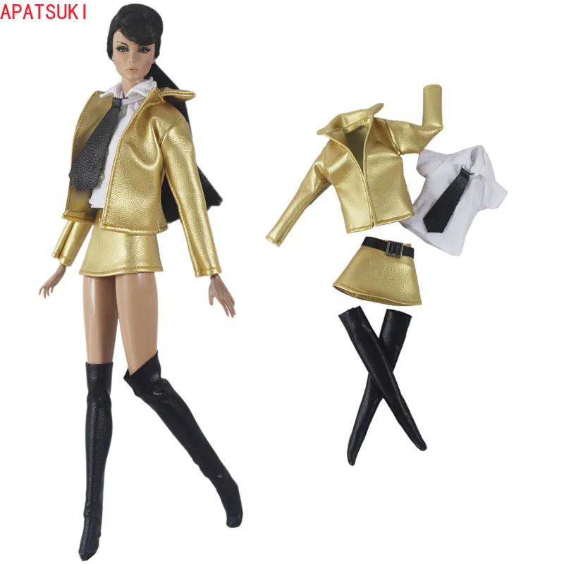 

Golden Leather Clothes Set For Barbie Doll Fashion Outfits Short Coat Jacket Blouse Skirt Socks For Barbie 1/6 Accessories