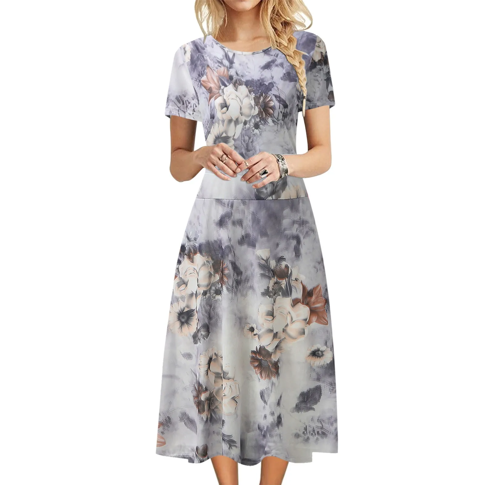 

Женское платье с круглым вырезом, коротким рукавом и цветочным принтом