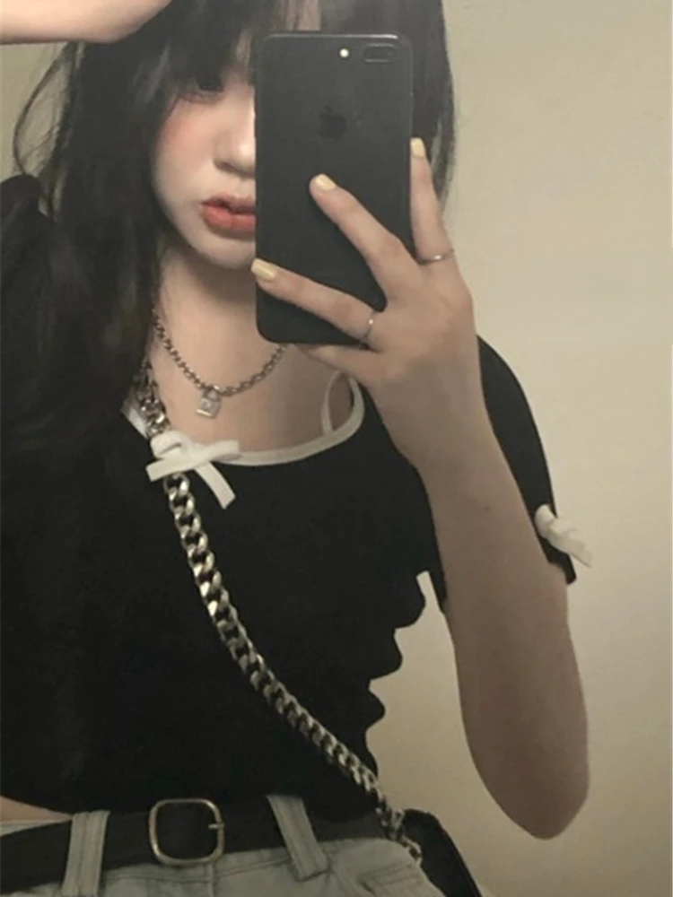 Футболка с коротким рукавом и бантом в стиле Харадзюку |