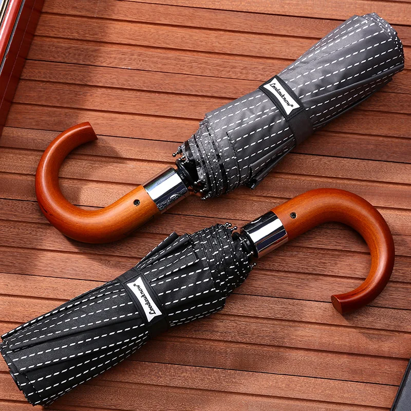 

Automatic Folding Umbrella Men Women Wooden handle Stripe Style Sun Umbrellas Windproof 10K Anti UV Parasol Brand