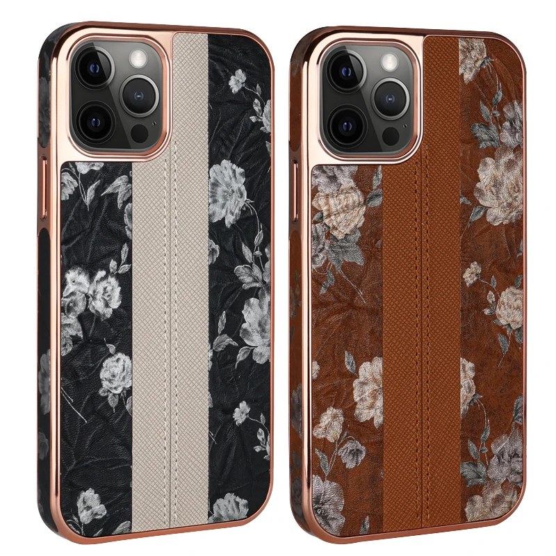 

VIETAO Brown Electroplated Frame Flower Phone case For iphone 13 12 11 Pro max Xr Fashion Smartphone leather case cover