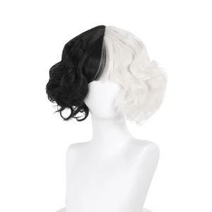 Movie Cruella Wigs Half Black Half Milk White Short Curly Heat Resistant Hair Cruella De Vil Cosplay