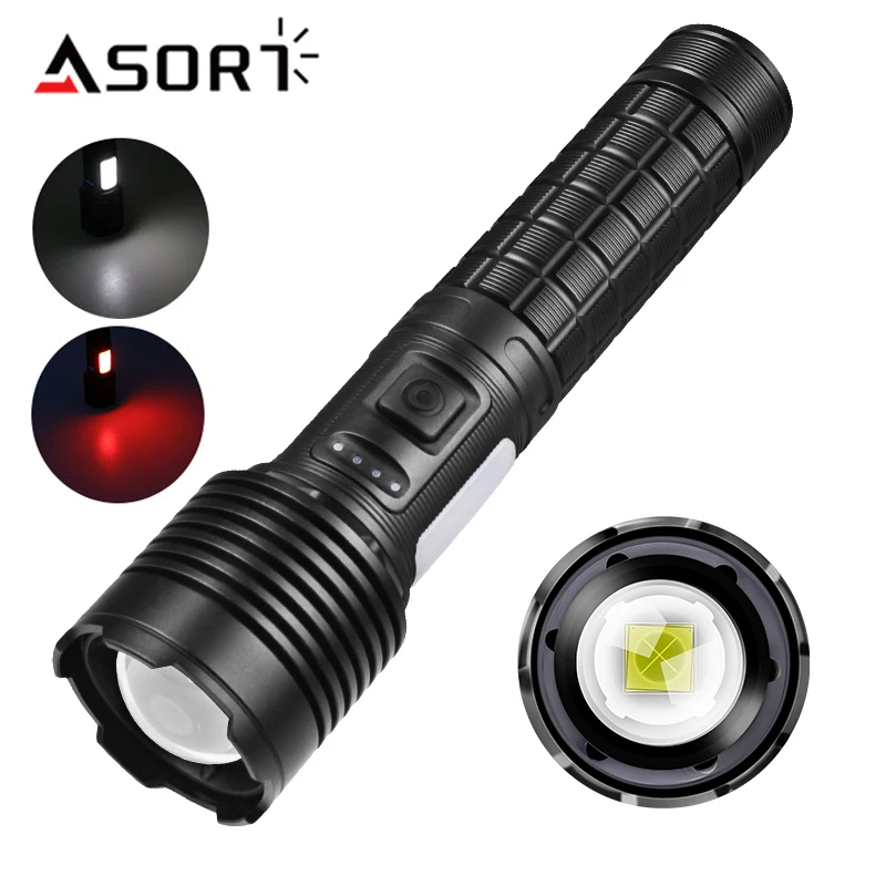 LED Flashlight Strong Light Torch XHP50 Super Bright For Camping Hunting Hiking Zoom Lantern With Sidelight Waterproof Outdoor