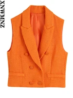 xnwmnz 2022 ladies fashion textured short vest lapel fake welt pocket sleeveless top women chic top