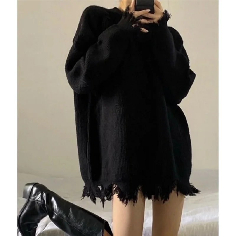 

Deeptown Gothic Style Punk Black Knitted Sweater Women Oversize O-neck Goth Grunge Knit Pullover Korean Fashion Long Sleeve Tops