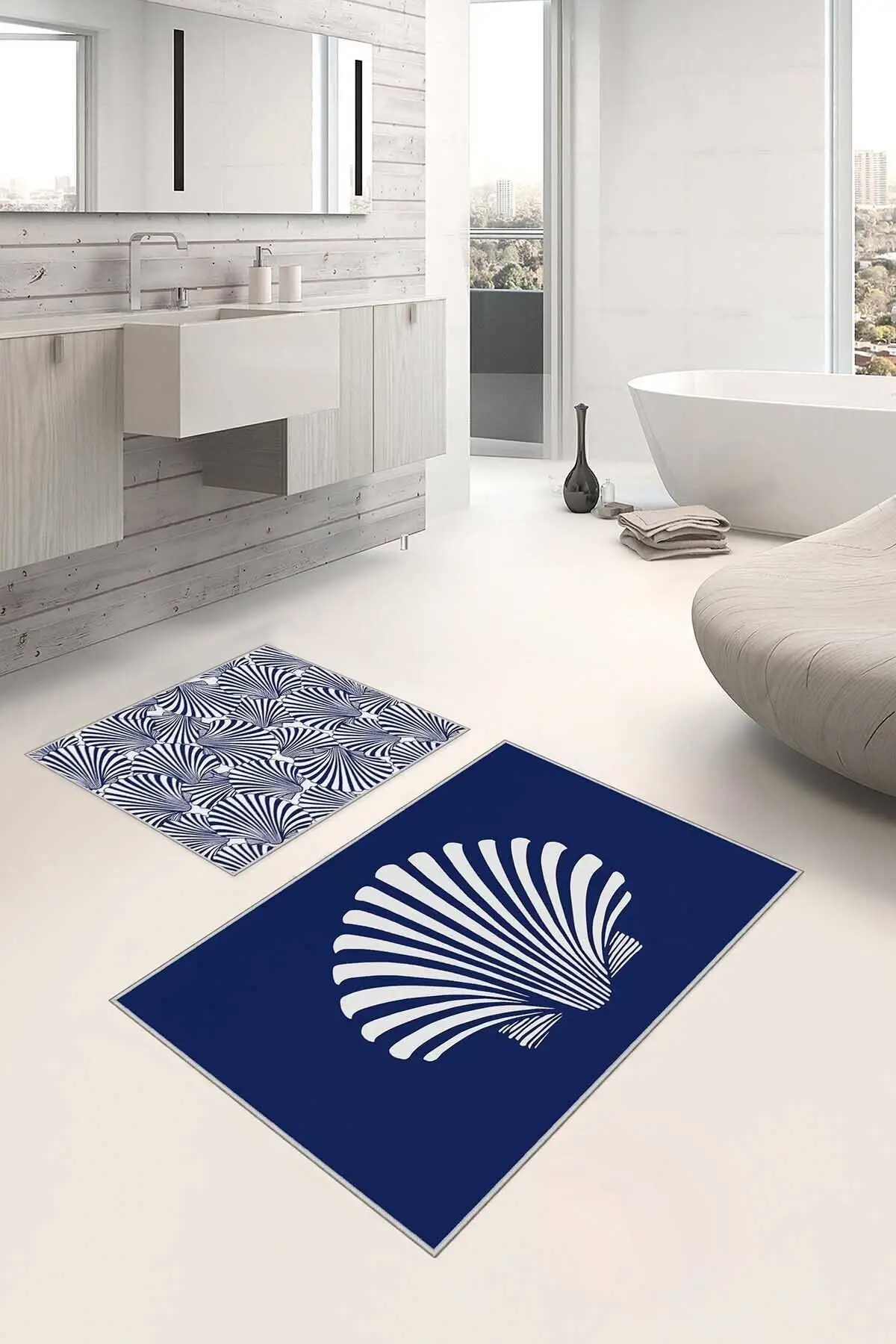 

Decorative Modern design non-slip floor double suit bathroom mat & toilet seat 2x100 cm blue