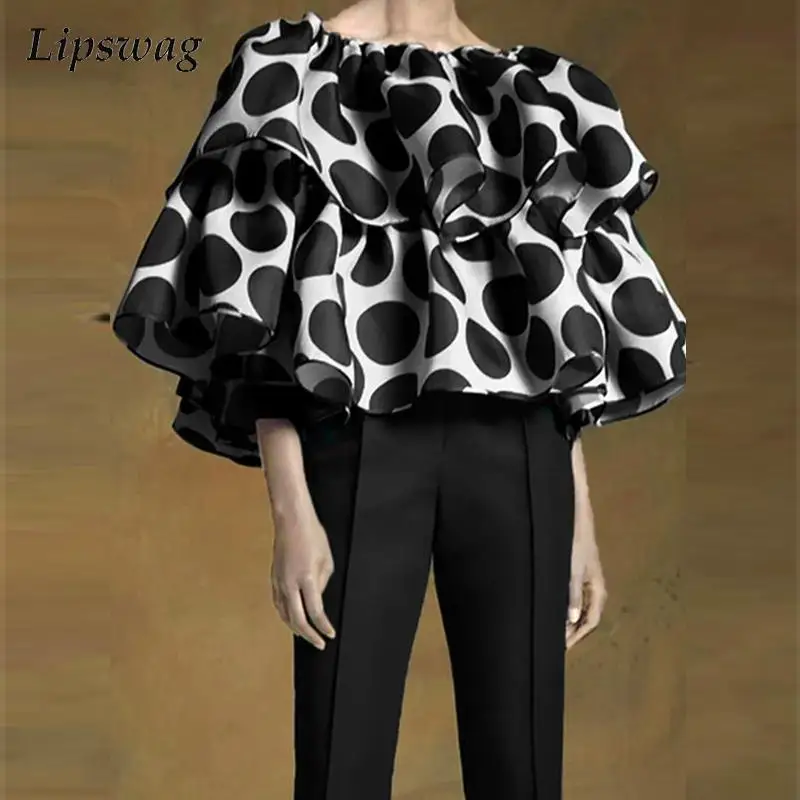 

Autumn Casual Polka Dot Blouse and Seven Piece Pants Suits Women Fashion Pile Sleeves Outfits Lady Vintage Loose Two Piece Sets