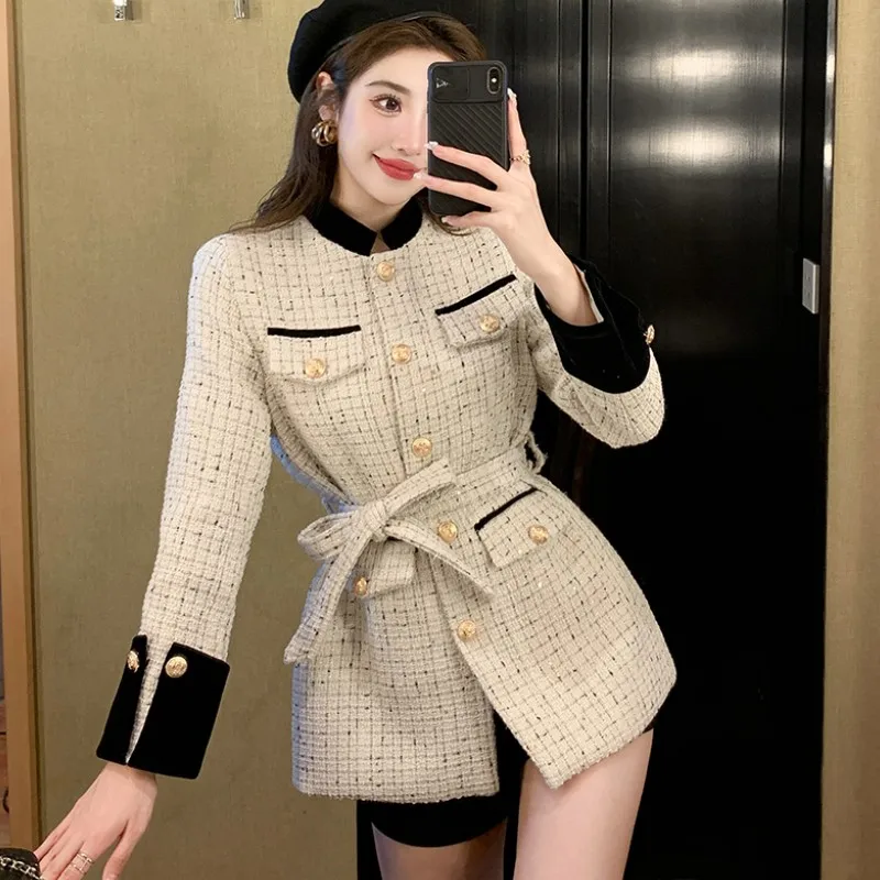 

Autumn Winter Elegant Sequined Plaid Tweed Long Coats Vintage Office Lady Single Breasted Slim Belt Casual Jacket Women Clothing