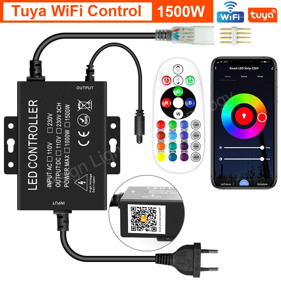 

4Pin LED Strip Light Controller 220V RGB Neon Strip Color Changable Remote Bluetooth Tuya WiFi Control Alexa for 5050 Strip