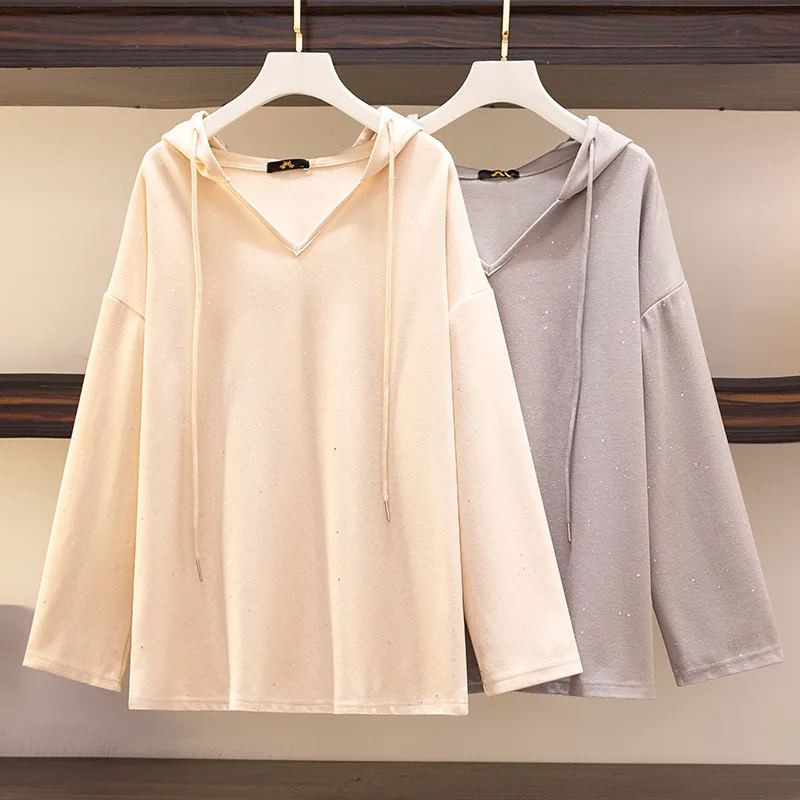 

Women's Plus Size Shiny Sweatshirt Spring Autumn New Loose Hooded V-Neck Drop shoulder Oversize 6XL 7XL Pullover Hooded Sweatshi
