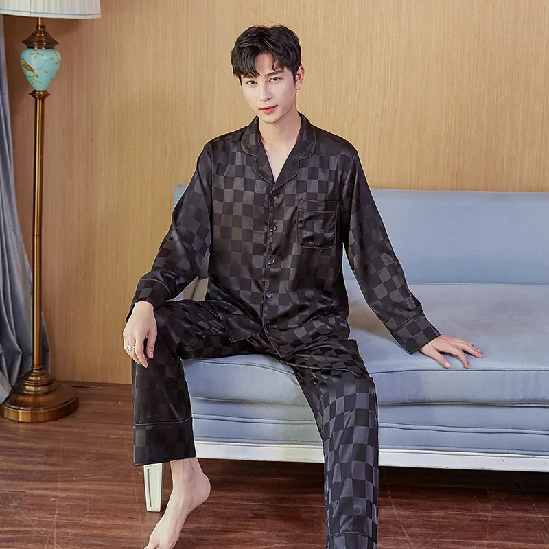 Noble Silk Pajamas for Men Black Plaid Silk Pajama Man Sleepwear Set Men's Home Suit Couple Pajamas