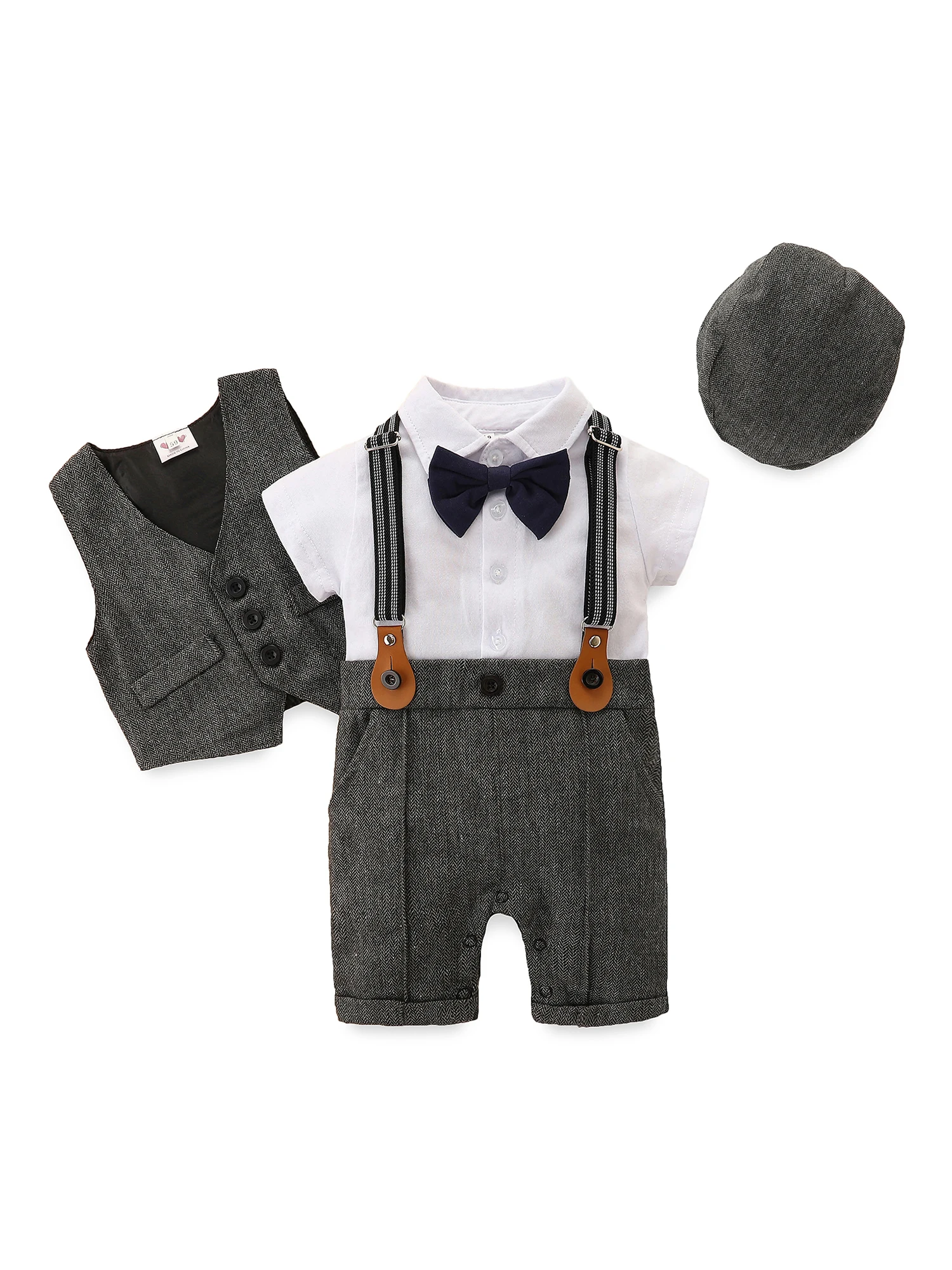 

Infant Newborn Baby Boys Jumpsuit Set Gentleman Short Sleeve Romper Gilet Hat Summer Outfit