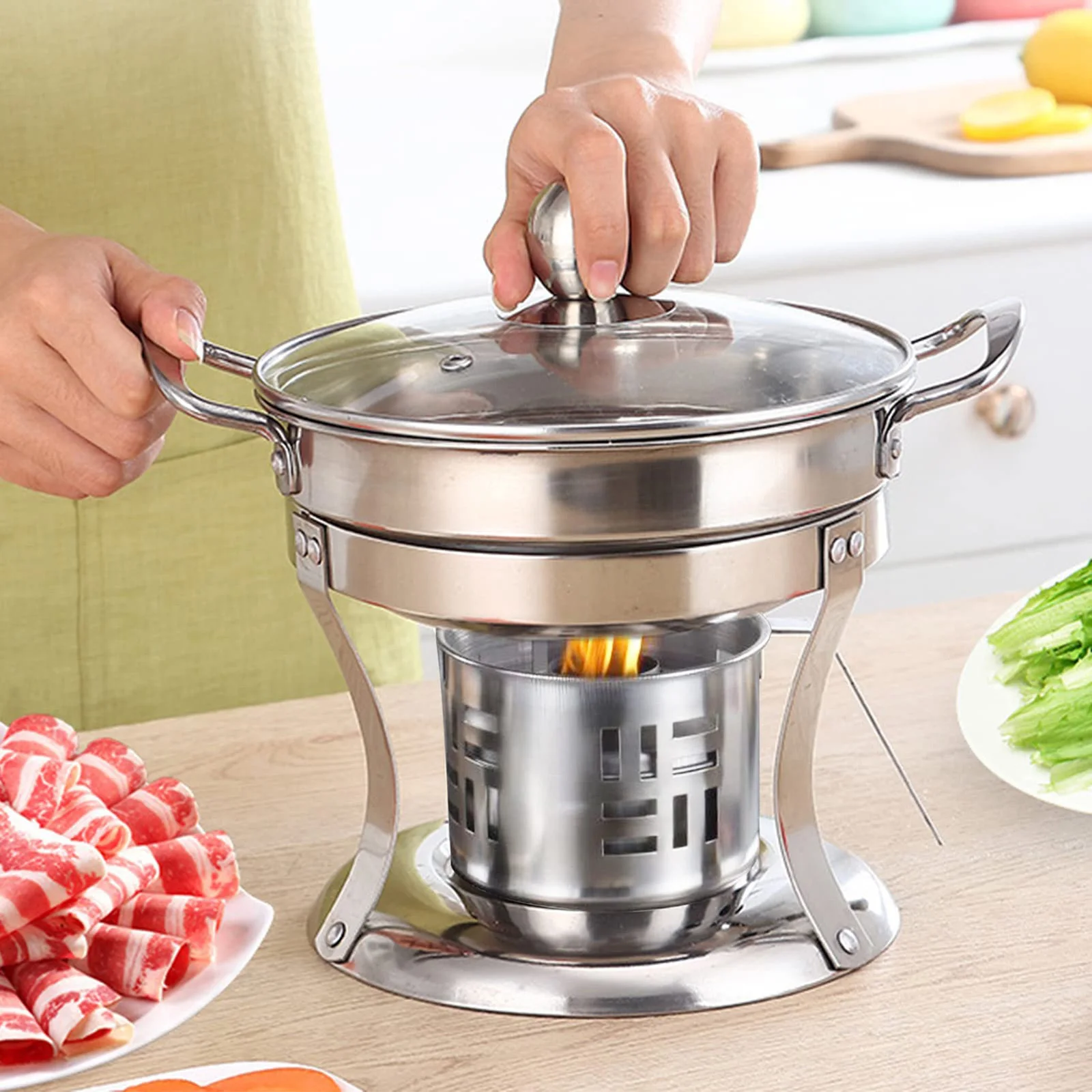 

Portable Spirit Stove Alcohol Cooker And Pot Set For Outdoor Indoor Stainless Steel Camping Stove W/ Pot Rack Or Tealight Holder