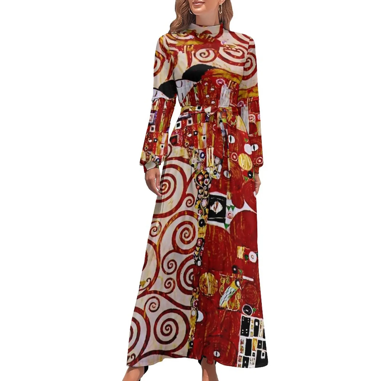 

Gustav Klimt Detail Dress Retro Trees of Life Street Wear Bohemia Dresses Woman Long Sleeve High Waist Kawaii Long Maxi Dress