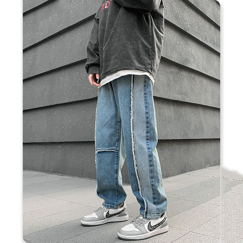 

Fashion Men Wide Leg New Streetwear Baggy Jeans Hip Hop Handsome Loose Pants Straight Drop Vintage Denim Distressed