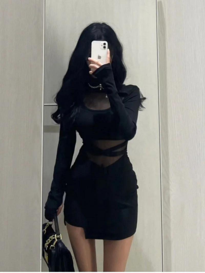 

Up Sleeves Pile New Sexy Black Fishbone Dress Personalized Slim Women Dress Thin Gauze Perspective Wrap Around Buttocks F8Q3