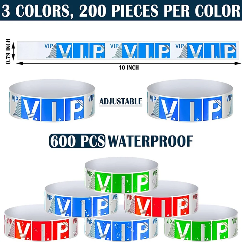 

600 Pack VIP Wristbands for Events Waterproof VIP Wristbands VIP Paper Bracelets Wristbands for Party (Red, Blue, Green)