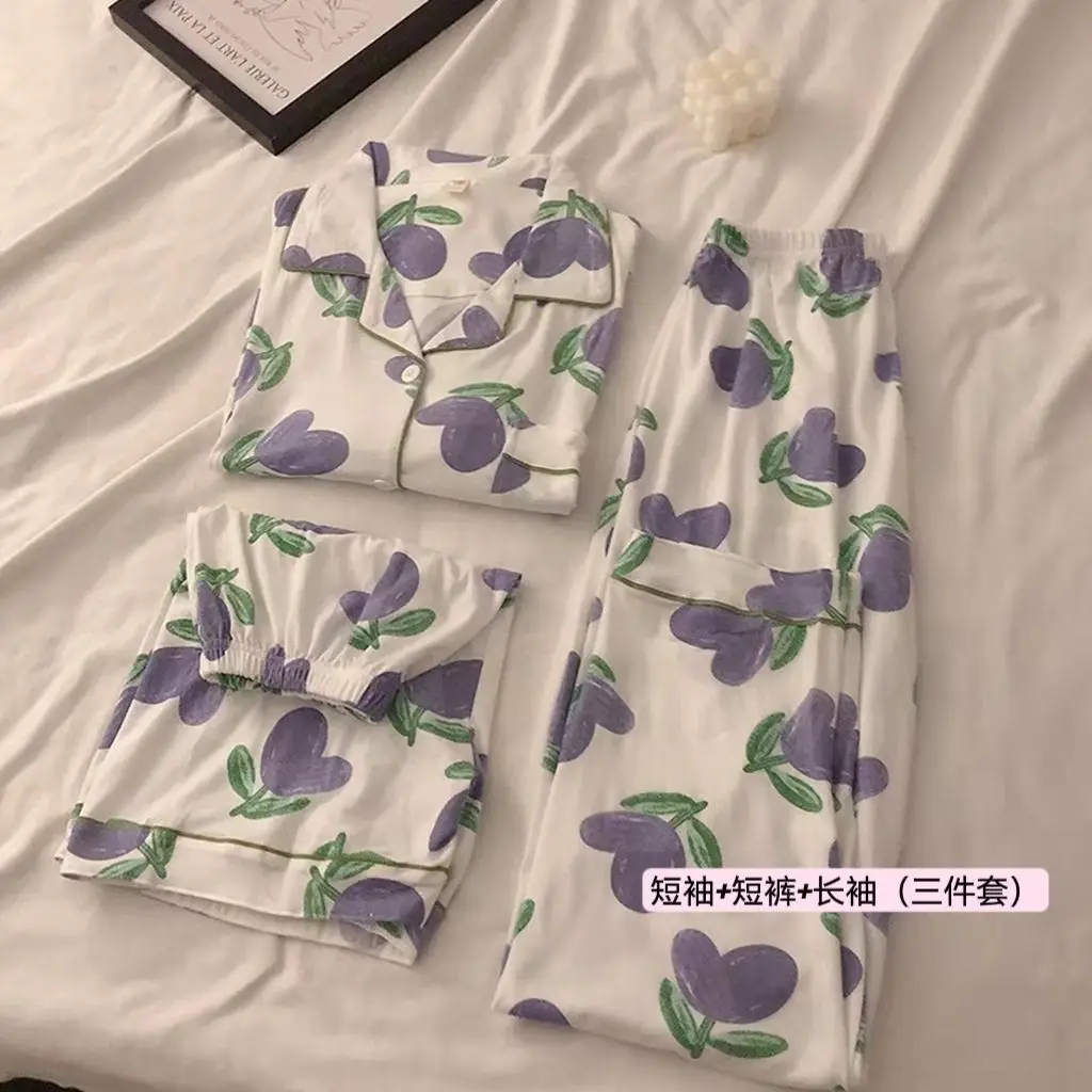 Pajamas women summer short-sleeved pants three-piece suit the spring and autumn period and the outer wear a household to take