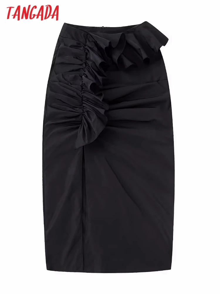 

Tangada Women Ruffled Front Slit Black Midi Skirt Vintage High Waist Back Zipper Female Skirts BE14