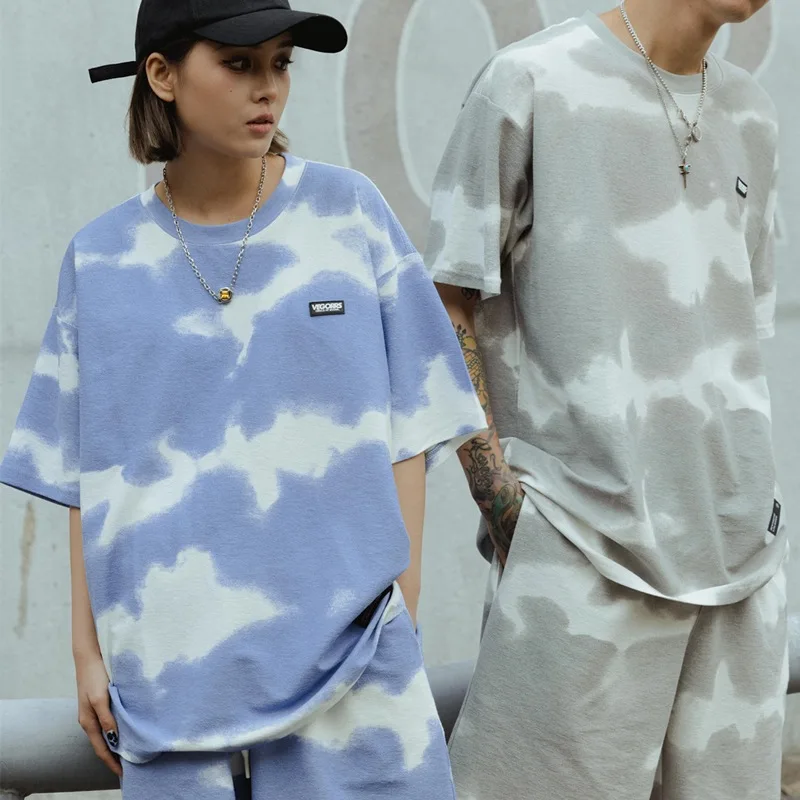 

FPACE tie-dye Wash Water T-shirt Male 2022 New Easing short-sleeved Summer Leisure Sports Shorts Sweethearts Outfit