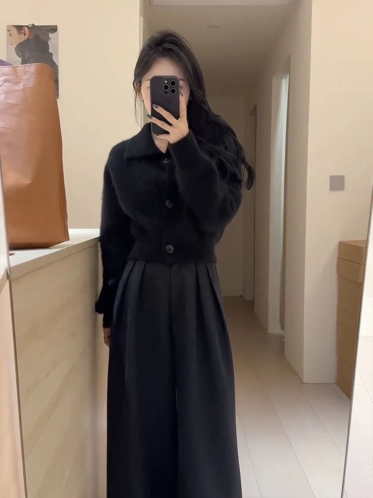 Mohair Lapel Short Thickened Cardigan sweater Outerwear Women Autumn and Winter Korean Series Idle Sle Soft Glutinous Knit Top |