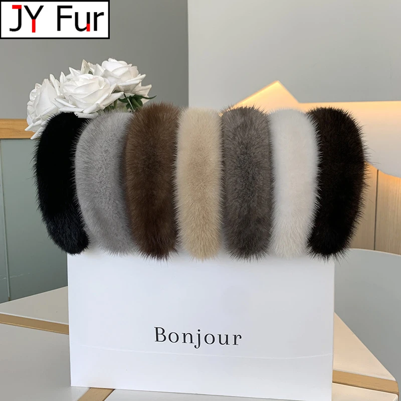 New Winter Real Mink Fur Headband For Women Hair Accessories Solid Head Wraps Warm Furry Gift