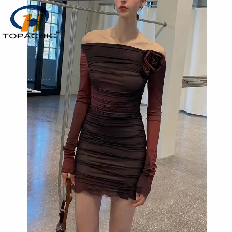 

5.4 High Quality Tie-Dye Gradient Print 3D Rose Flower Decoration Slash Collar Ruched Long Sleeve Slim Dress Women