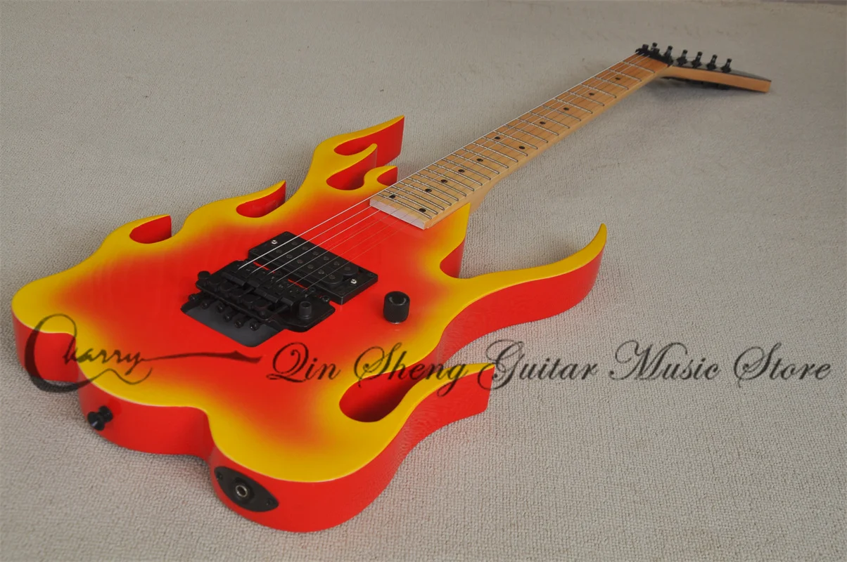 

Fire Electric Guitar Yellow And Red Body Tremolo Bridge H Pickups Maple Neck Black Tuners Factory Customization