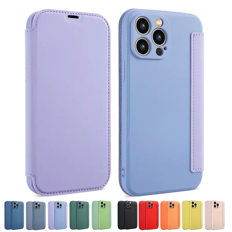 

Flip Leather Liquid Silicone Case For iphone 12 13 11 Pro Max X XR XS Max 8 7 Plus SE 2020 Lens Protection Card Book Cover Coque