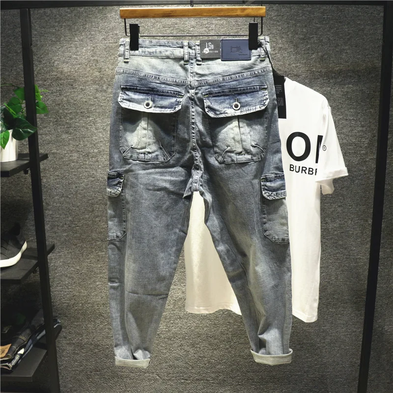 

Multi Pocket work clothes Vintage wash jeans men's light color trendy brand loose Harlan pants chic large closing feet