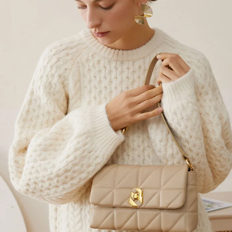 LOERSS Women's Casual Chain Underarm Bag Genuine Leather High Quality Shoulder Shopping Purse and Handbags Solid Color Bag