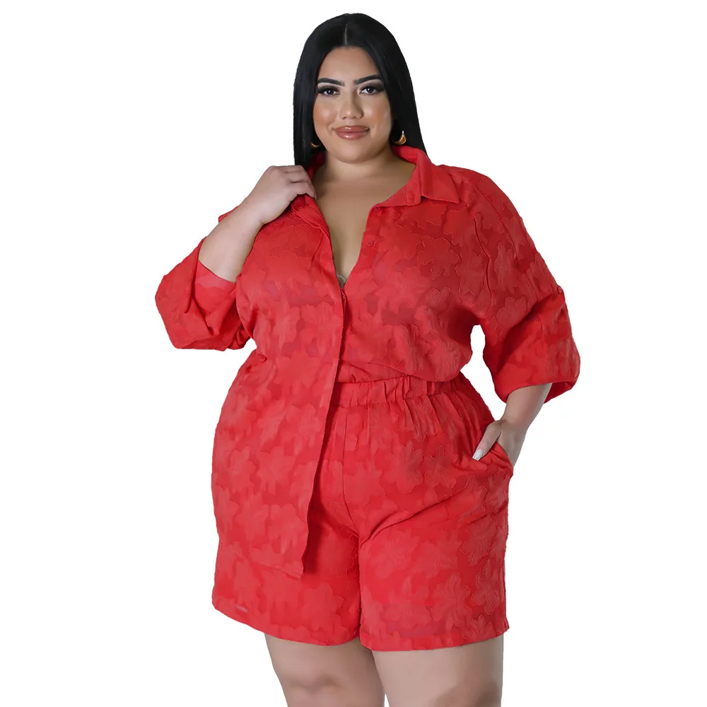 Plus Size Summer Women Shirt Two Pieces Set Hollow Out Shorts Chiffon Jacquard Club Suit Long Sleeves Turn Do 3xl 4xl 5xl 6xl