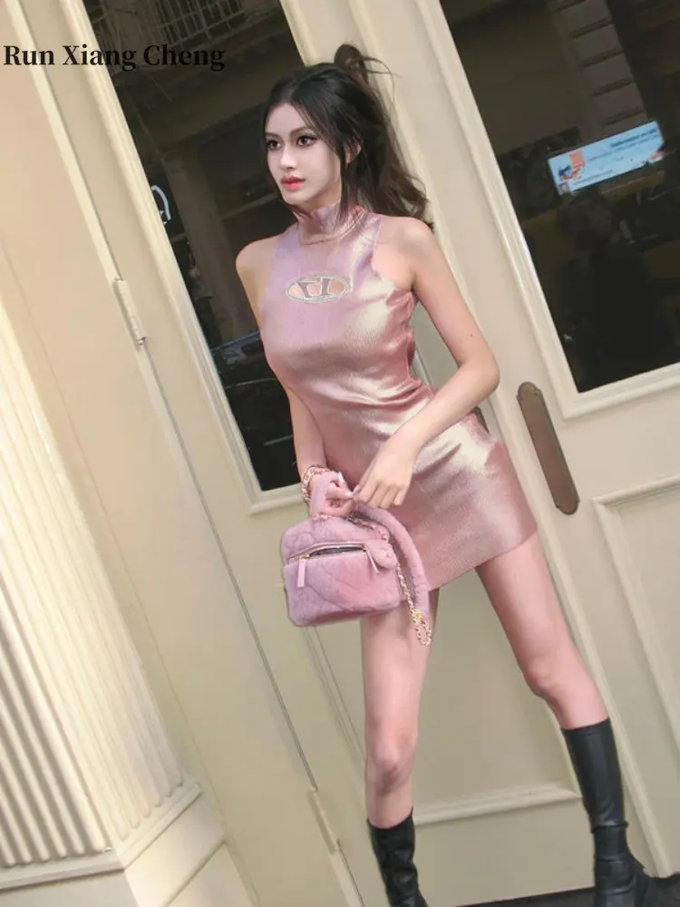 

2023 Summer Women's Dress Pink Y2k Half Turtleneck Sleeveless New In Dresses Sexy Knitt Bodycon Slim Party Hip Wrap Short Skirt