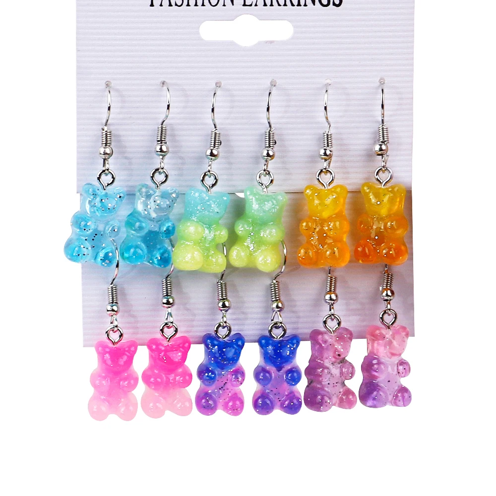 3 Pairs/Set Candy Color Acrylic Gummy Bear Drop Earrings for Women Korean Transparent Resin Jelly Bears Earring Sets Y2k Jewelry