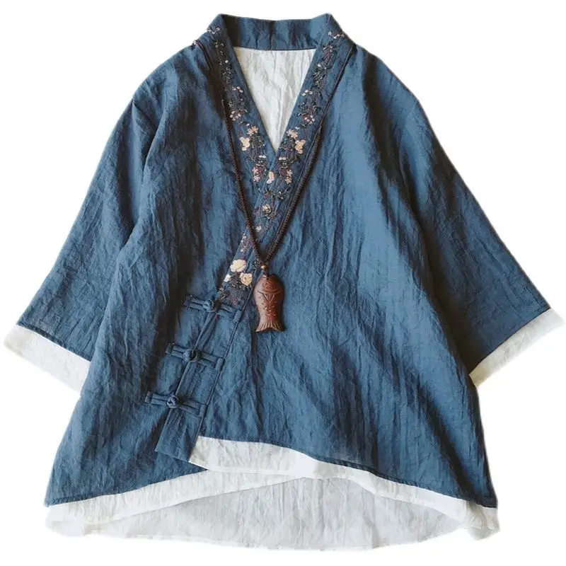 Блузка женская из хлопка и льна с вышивкой в китайском стиле |