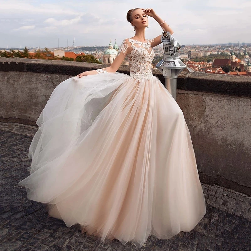 

Luxury A-Line O-Neck Wedding Dress Elegant Long Sleeve Lace Appliques Bridal Gown Illusion Tull Custom Made Civil Robe De Mariee