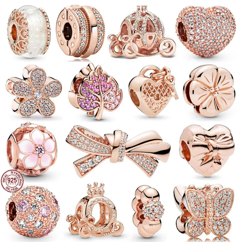 

Hot Sale 100% Sterling Silver Rose Gold Flower Butterfly Charm Beads Fit Original Pandora Bracelet DIY Making Women's Jewelry