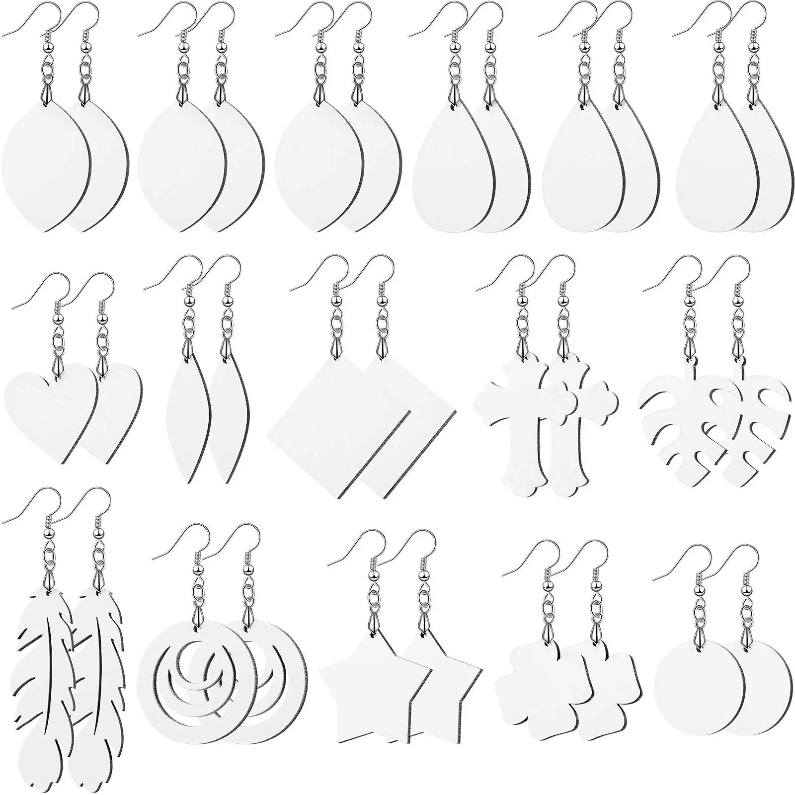 

32Pcs Sublimation Earring Blank Heat Transfer Wire Hooks Earrings Wood Teardrop Earring in 12 Assorted Shapes for DIY Jewelry