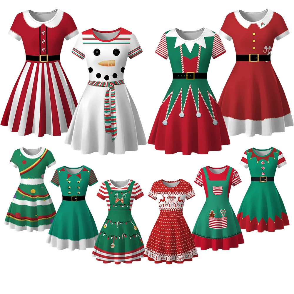 

2-8Y Girls Dress Christmas Short Sleeve Princess Dress Children's Birthday Party Nightdress Santa Claus Snowman Vestidos Menina