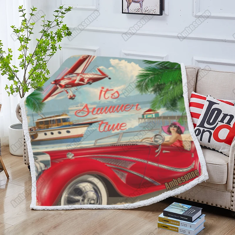 

Летнее праздничное одеяло с постером, винтажное одеяло с автомобилем, летнее одеяло для детей и взрослых, одеяло для кровати, одеяло для пик...
