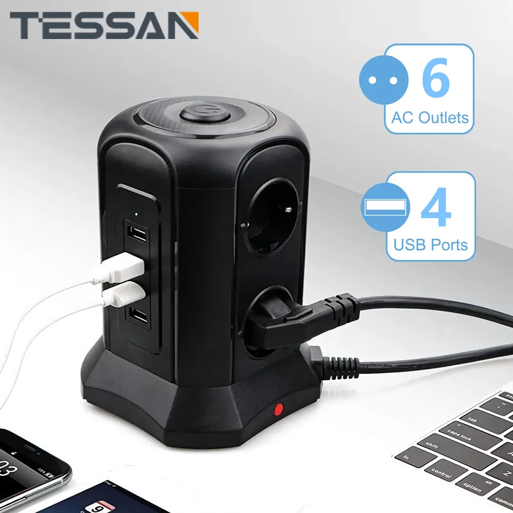 

Сетевой фильтр TESSAN, розетка с выключателем, 6 розеток, 4 USB-порта, кабель 2 м, европейская розетка, для дома и офиса