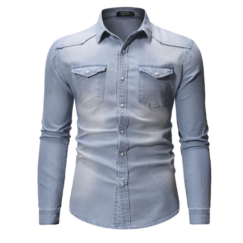 New Men's Long-sleeved Shirt Youth Casual Solid Color Stitching Men's Denim Shirt