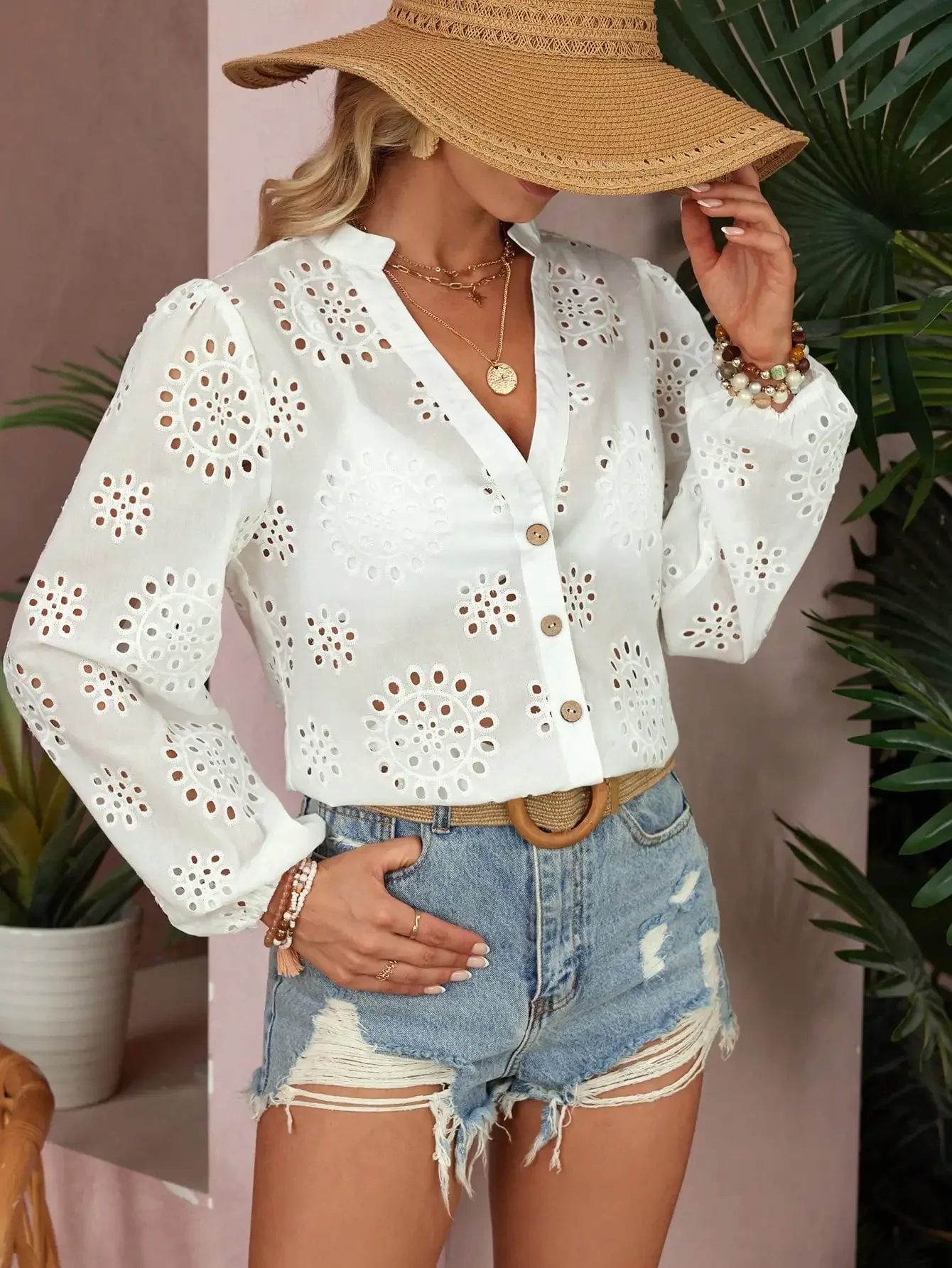 Женская блузка-рубашка с V-образным вырезом свободного покроя