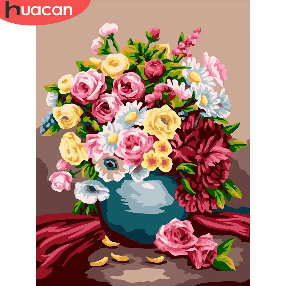HUACAN Painting By Number Rose Flower Kits Drawing On Canvas DIY Picture Flower In Vase HandPainted Gift Home Decoration
