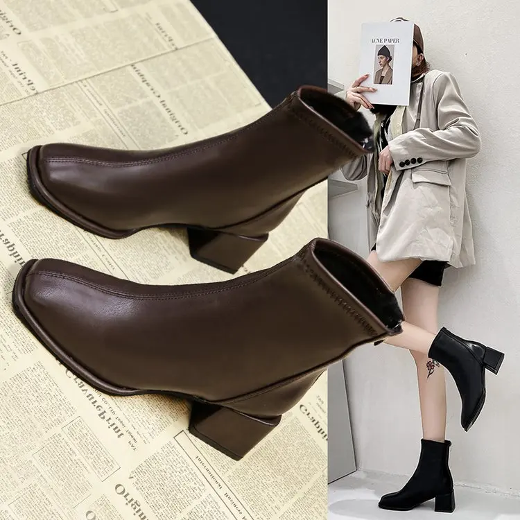 

Женские ботинки на платформе и молнии, белые однотонные ботильоны из искусственной кожи на среднем каблуке, с квадратным носком, на молнии, ...