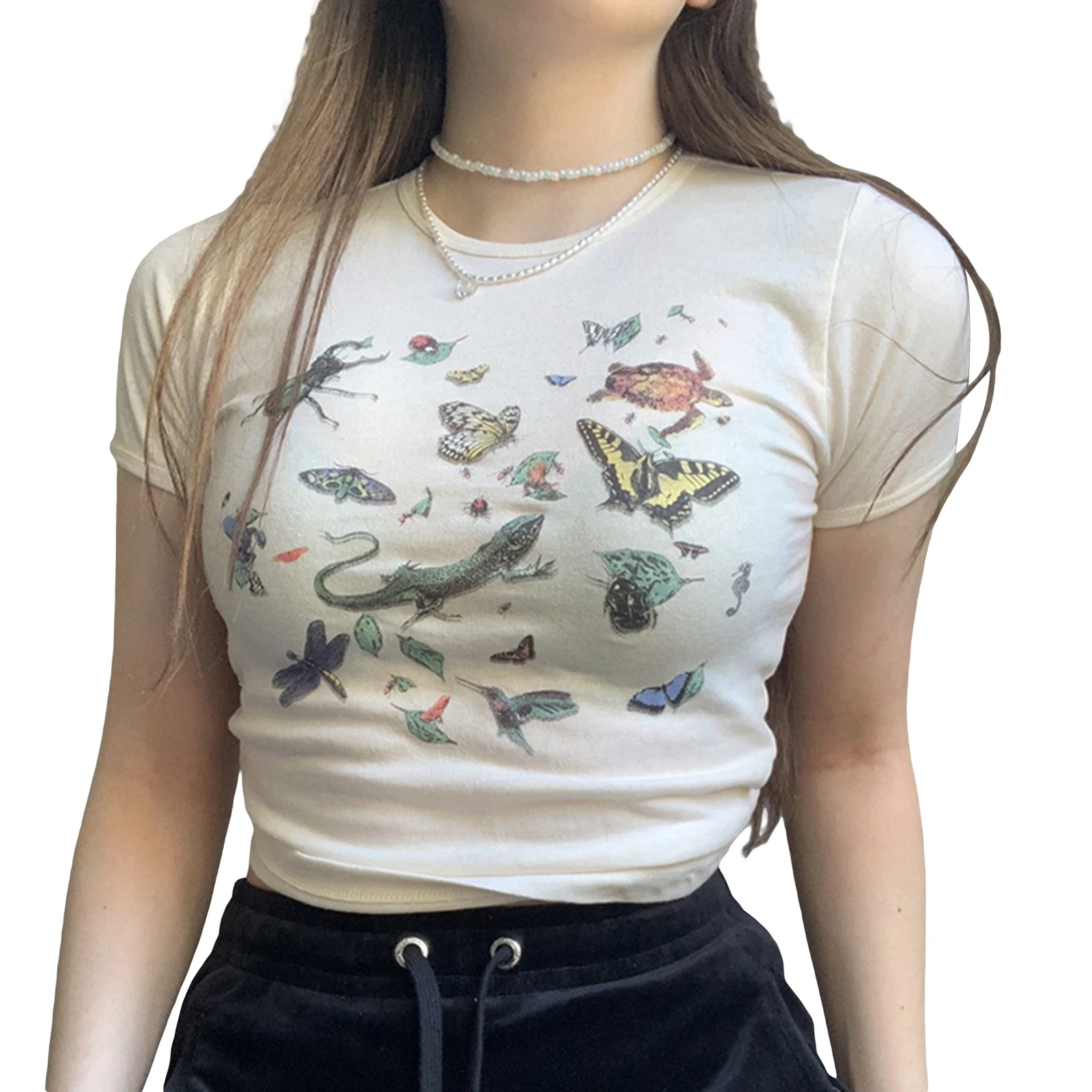 

Модные женские летние повседневные приталенные футболки с принтом в виде искусственных насекомых, коротким рукавом и круглым вырезом