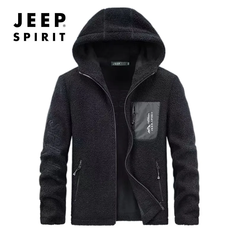 

JEEP SPIRIT men fashion casual fleece zipper jacket autumn corduroy hooded stand collar embroidered printed simple sports coat