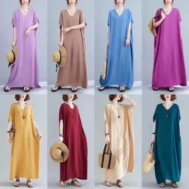 

9 Colors Plus Size Dress Women's Beachwear 6xl 7xl V-neck Vestidos Cotton Long Skirt Solid Loose Covering Bohemian Dress Robe