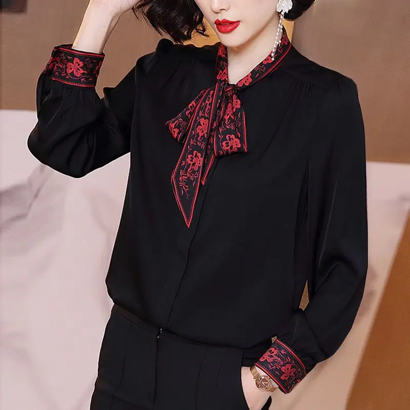 

Vintage Printed Button Spliced Lace Up Bow Chiffon Shirt Women's Clothing 2023 Spring New Casual Tops Loose Office Lady Blouse