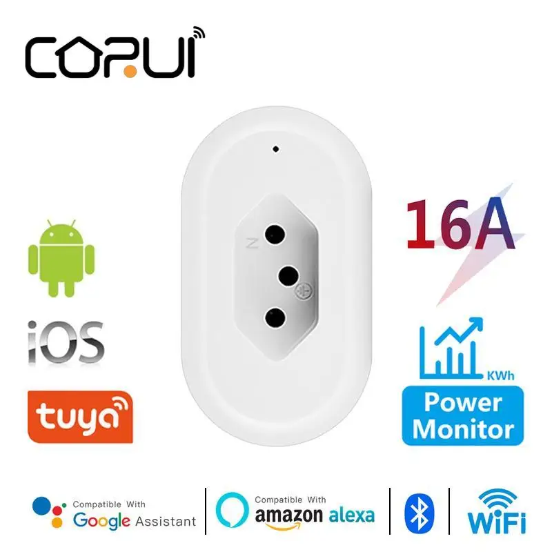 

CORUI Tuya WiFi Smart Plug Brazil Type 10A/16A Timing Power Monitor Function App Remote Control Support Alexa Google Home